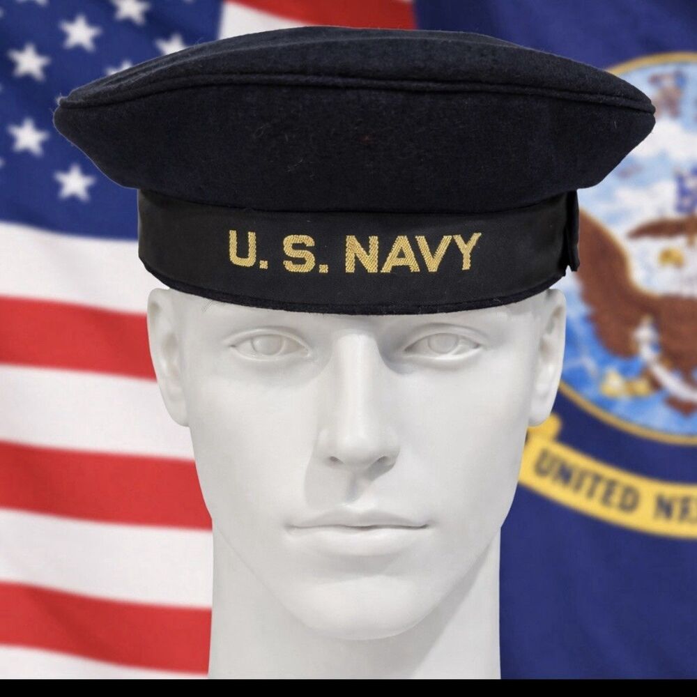 VTG WW2 WW1 US Navy Blue Wool Sailor Hat Flat Beret Cap "Donald Duck" Size 7 1/4